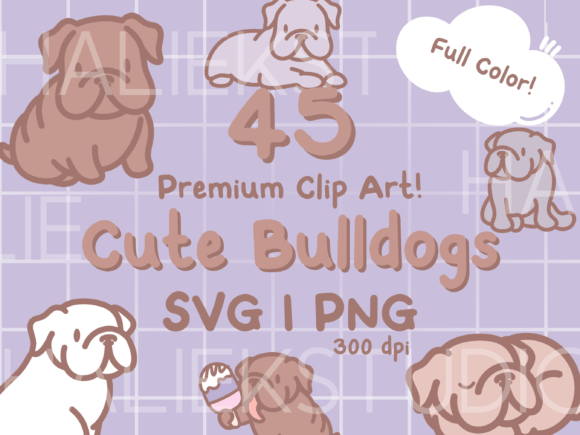 Cute Bulldogs Color Clip Art Set: Kawaii Design Assets
